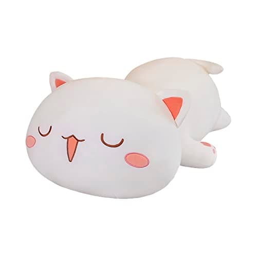 FUYU Soft Cat Plush Pillow Kawaii Kitten Stuffed Animal Toy for Kids Boys Girls Room Decor (White Round Eyes, 15in/37cm)