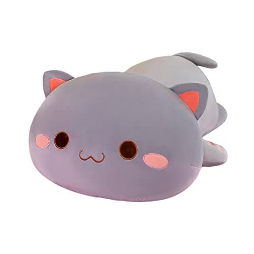 FUYU Soft Cat Plush Pillow Kawaii Kitten Stuffed Animal Toy for Kids Boys Girls Room Decor (White Round Eyes, 15in/37cm)