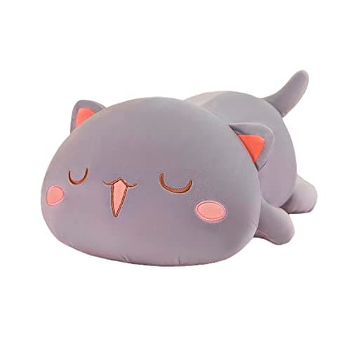 FUYU Soft Cat Plush Pillow Kawaii Kitten Stuffed Animal Toy for Kids Boys Girls Room Decor (White Round Eyes, 15in/37cm)
