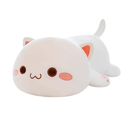 FUYU Soft Cat Plush Pillow Kawaii Kitten Stuffed Animal Toy for Kids Boys Girls Room Decor (White Round Eyes, 15in/37cm)