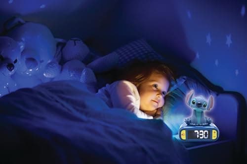 LEXiBOOK Disney Stitch Nightlight Alarm Clock Balances Sounds and Melodies with an Luminous LCD Backlit Screen for Kids
