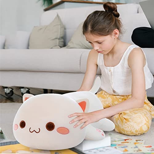 FUYU Soft Cat Plush Pillow Kawaii Kitten Stuffed Animal Toy for Kids Boys Girls Room Decor (White Round Eyes, 15in/37cm)