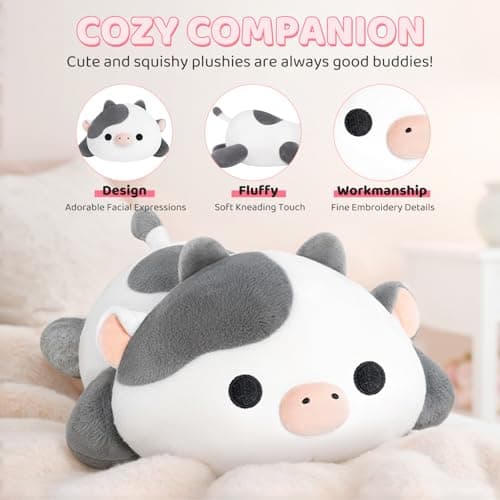 Cute Cow Plush Pillow, Kawaii White Cow Stuffed Animals for Kids & Girls