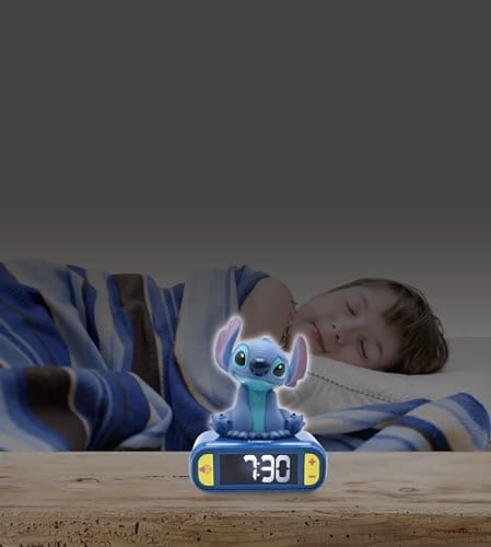 LEXiBOOK Disney Stitch Nightlight Alarm Clock Balances Sounds and Melodies with an Luminous LCD Backlit Screen for Kids