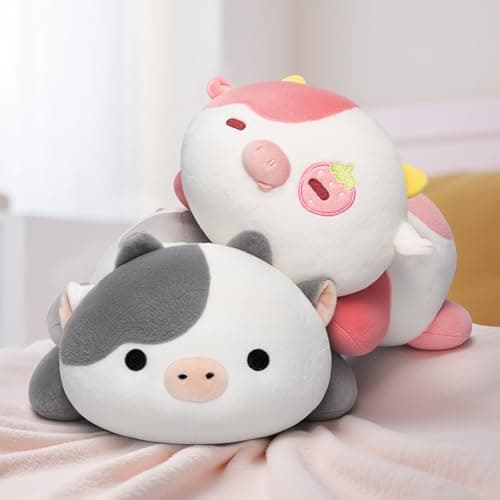 Cute Cow Plush Pillow, Kawaii White Cow Stuffed Animals for Kids & Girls