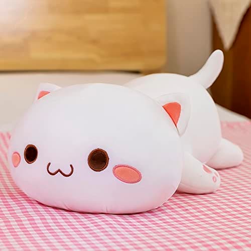 FUYU Soft Cat Plush Pillow Kawaii Kitten Stuffed Animal Toy for Kids Boys Girls Room Decor (White Round Eyes, 15in/37cm)