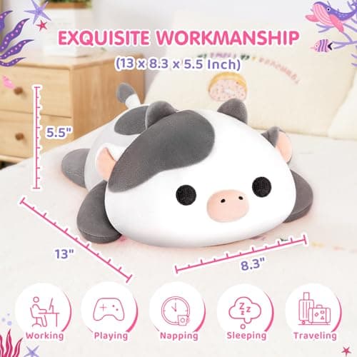 Cute Cow Plush Pillow, Kawaii White Cow Stuffed Animals for Kids & Girls