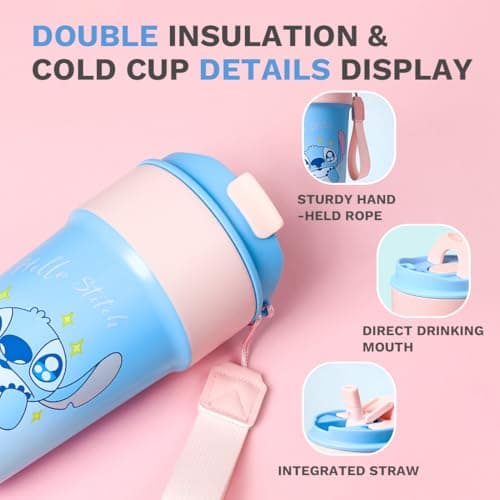 MINISO Disney Stitch Insulated Water Bottle For Home And Office 500mL Cute Mug With Lid And Rope Handle