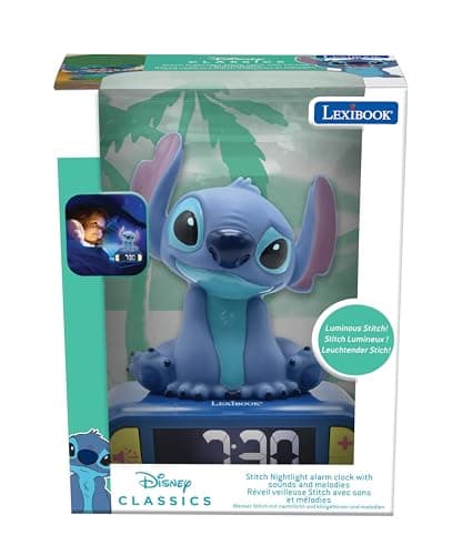 LEXiBOOK Disney Stitch Nightlight Alarm Clock Balances Sounds and Melodies with an Luminous LCD Backlit Screen for Kids