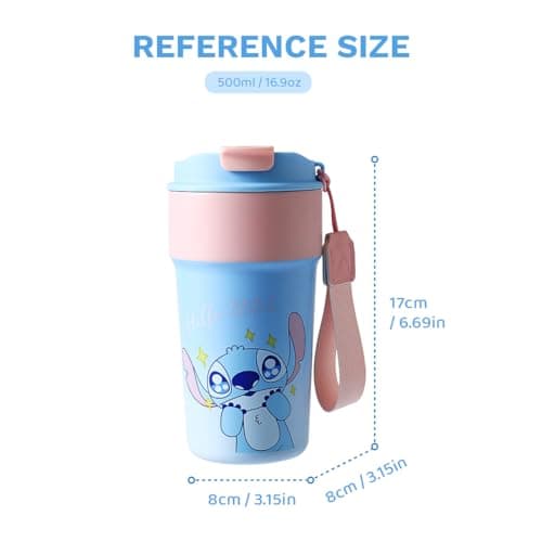 MINISO Disney Stitch Insulated Water Bottle For Home And Office 500mL Cute Mug With Lid And Rope Handle