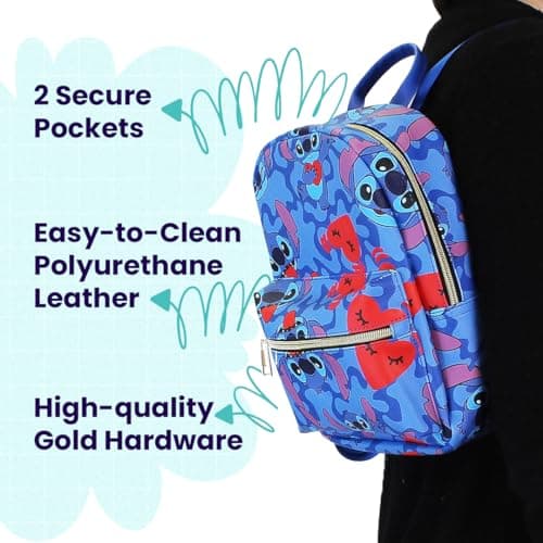 Disney Stitch with Hearts Mini PU Leather Backpack Purse for Girls with Adjustable Straps - Blue, One Size
