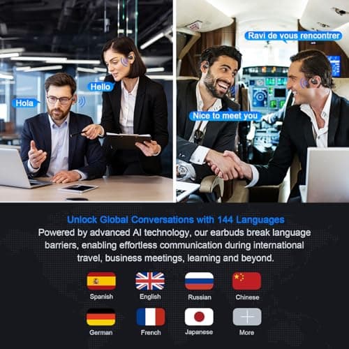 AI Translation Earbuds with 144 Language Support for iPhone and Android Users(Black)  
Real-Time 144 Language Translator