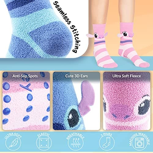 Disney Fluffy Socks Women, Stitch Multipack Slipper Socks - Perfect Gift for Ladies, OEKO-TEX STANDARD 100 Certified Com