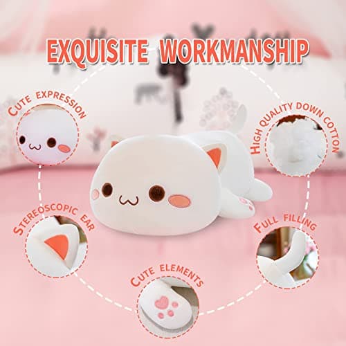 FUYU Soft Cat Plush Pillow Kawaii Kitten Stuffed Animal Toy for Kids Boys Girls Room Decor (White Round Eyes, 15in/37cm)