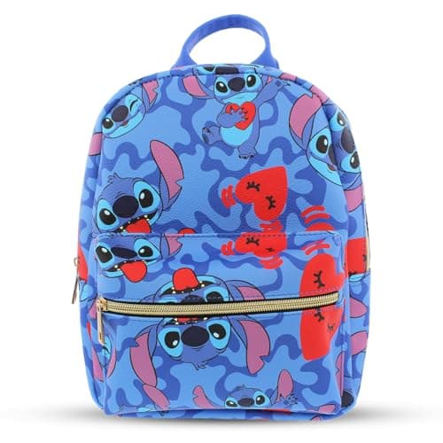 Disney Stitch with Hearts Mini PU Leather Backpack Purse for Girls with Adjustable Straps - Blue, One Size