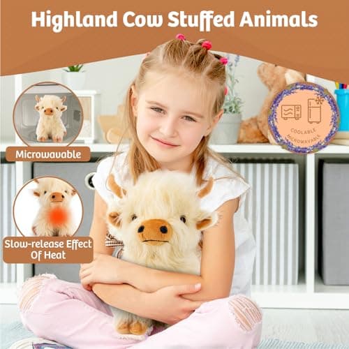 Microwaveable Highland Cow Stuffed Animal Toy - White Gift for Girls and Kids