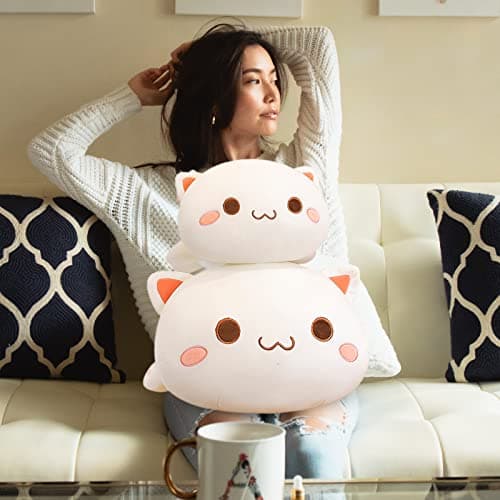 FUYU Soft Cat Plush Pillow Kawaii Kitten Stuffed Animal Toy for Kids Boys Girls Room Decor (White Round Eyes, 15in/37cm)