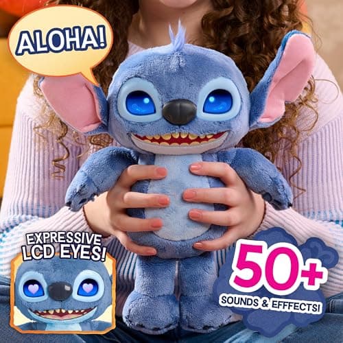 Just Play Disney Stitch Many Moods Interactive Plush for Kids & Fans, 14-inch, 50+ Sounds & Phrases, LCD Eyes