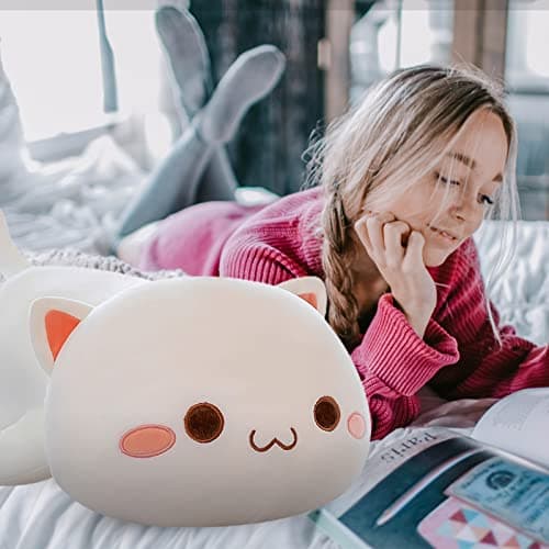 FUYU Soft Cat Plush Pillow Kawaii Kitten Stuffed Animal Toy for Kids Boys Girls Room Decor (White Round Eyes, 15in/37cm)