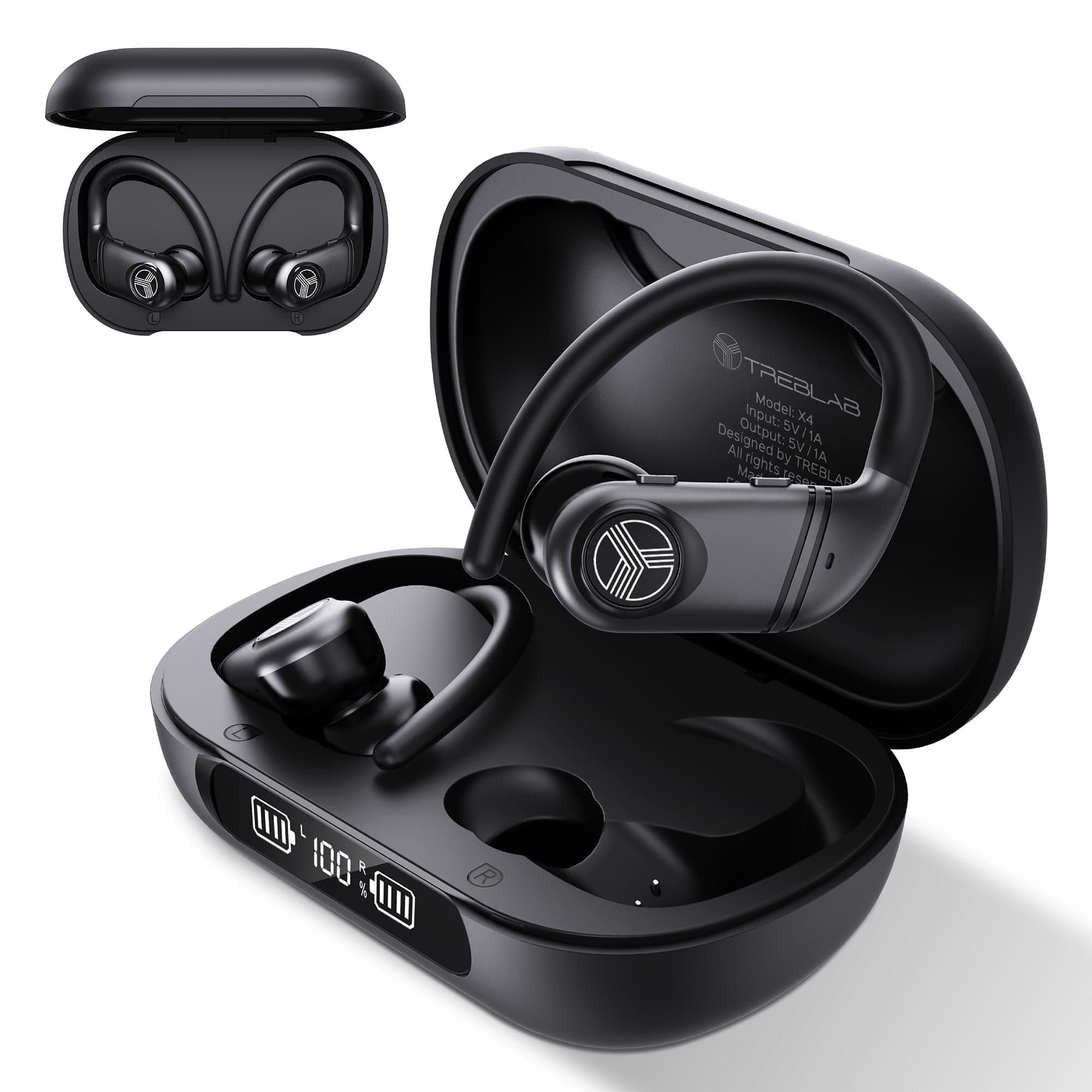 TREBLAB X4 Wireless Earbuds with Earhooks – 253H Battery, Noise Isolating, Bluetooth 5.4 - For Running and Workouts, Noi