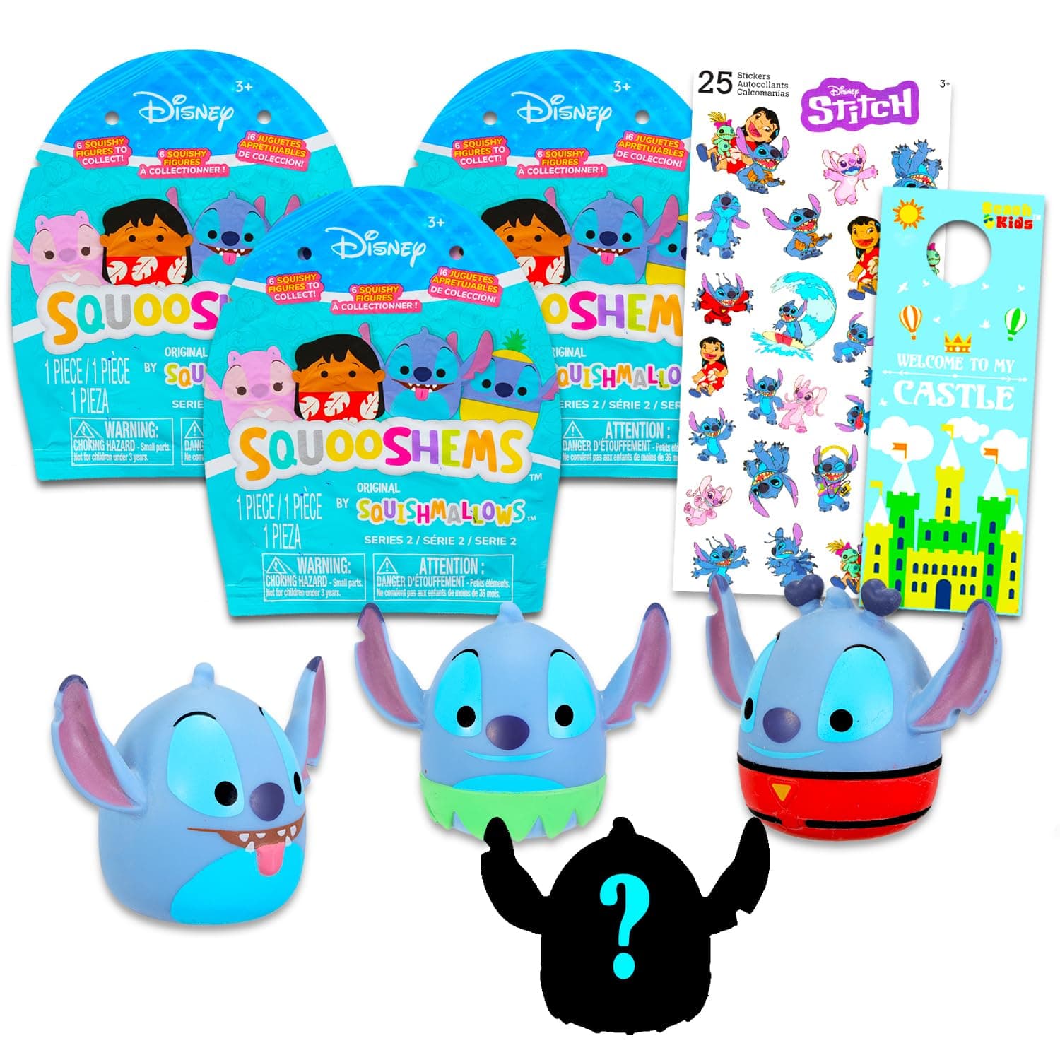 Disney Stitch Squooshems Mystery Blind Bags Set for Kids | 3 Lilo and Stitch Mini Squishmallows + Stickers & Door Hanger