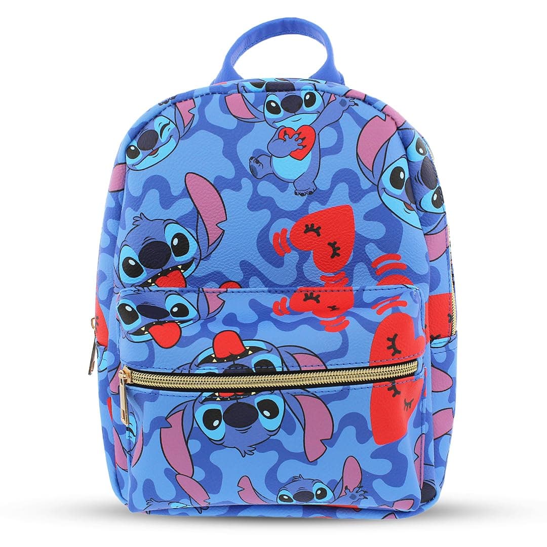 Disney Stitch with Hearts Mini PU Leather Backpack Purse for Girls with Adjustable Straps - Blue, One Size
