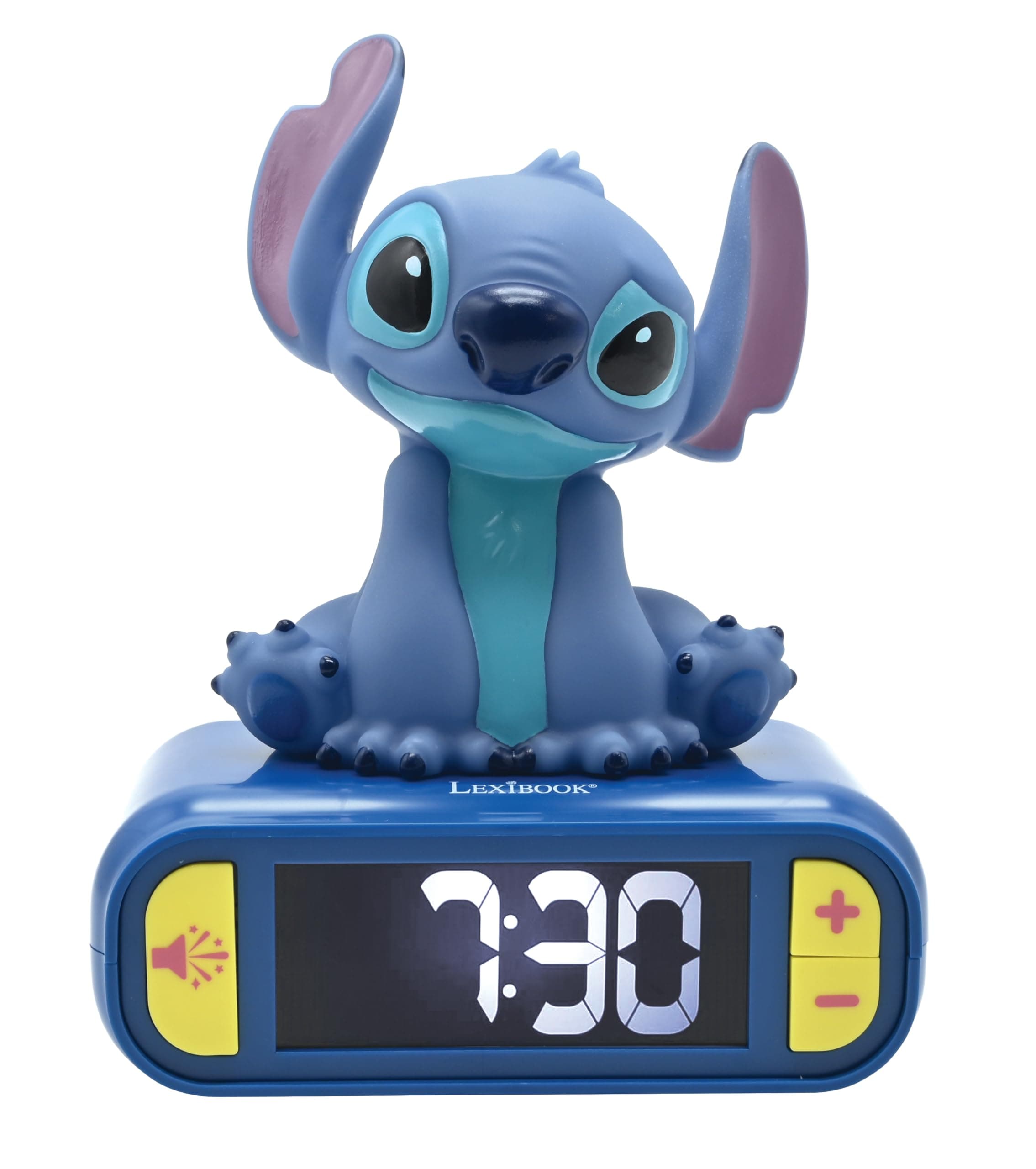 LEXiBOOK Disney Stitch Nightlight Alarm Clock Balances Sounds and Melodies with an Luminous LCD Backlit Screen for Kids