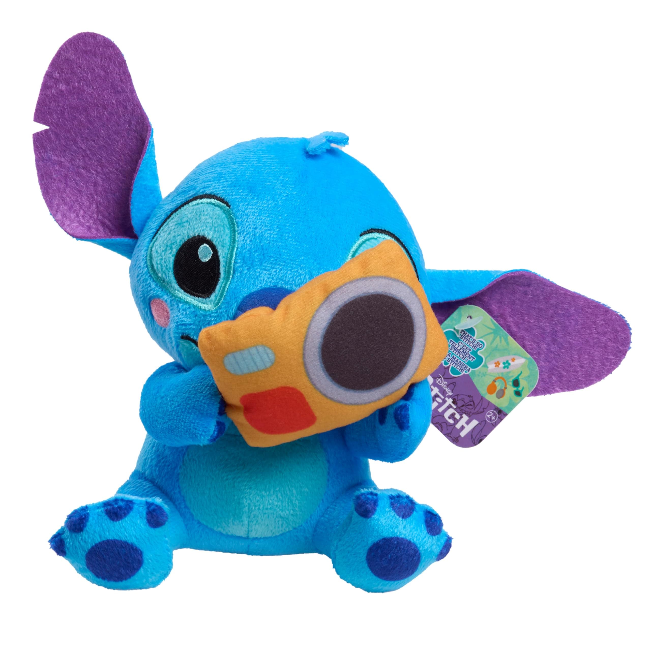 Disney Just Play Stitch Small 7-inch Plush with Camera Toy, Soft Material, Kids Ages 2 Up
